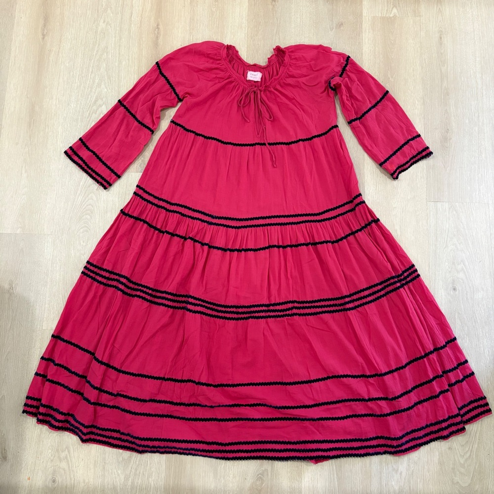 9seed Pink Cotton Gauze Tiered Maxi Dress Black Ric-Rac Trim M/L Made in USA